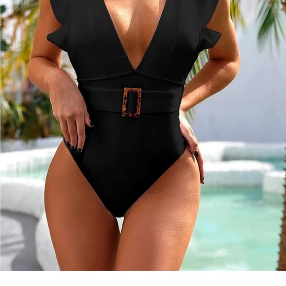 Black Plunge One Piece Swimsuit with Belt - Picture 2 of 9
